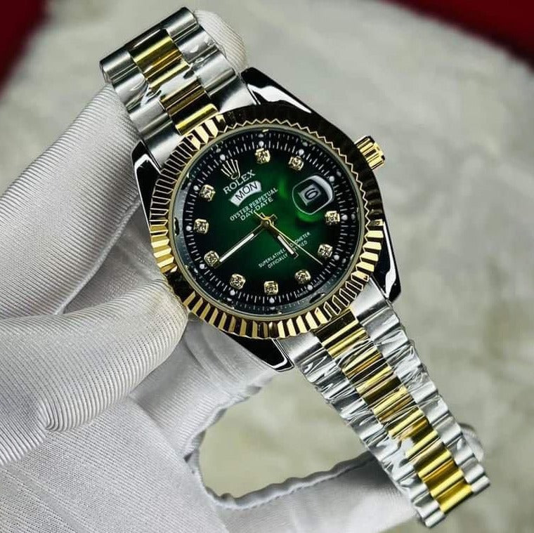 Luxury Rolex Style Watch for Men - Green, White, Golden - In Pakistan.
